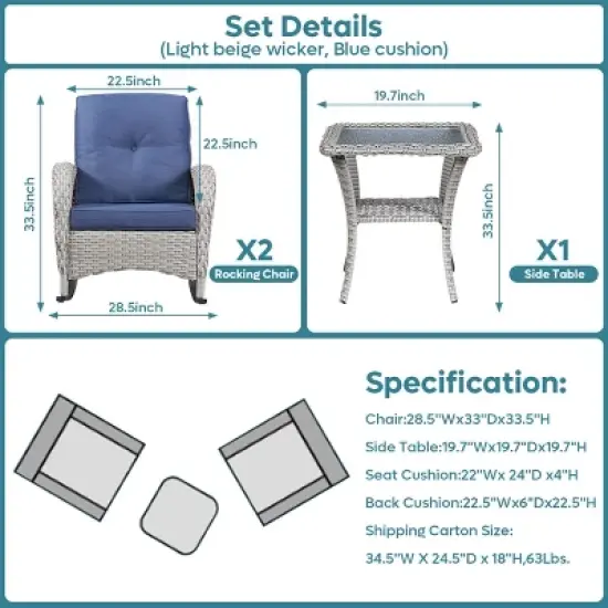 Bestier Wicker Patio Rocking Chairs Set - 3 Pieces Porch Bistro Set with High Back Outdoor Rocker Chairs with Side Table for Deck Balcony image {2}