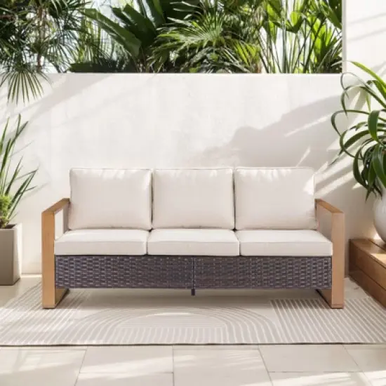 POCASSY 74.8" Outdoor 3-Seater Sofa with Meatl Armrest, Outdoor Furniture Sofa with Faux Wood Square Armrest and High Back for Porch Deck image {6}