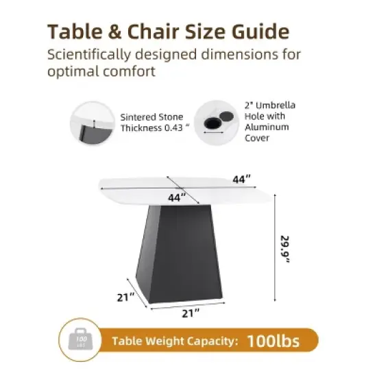 44" Outdoor 4 Seater Dining Table, Modern Patio Table with Square Sintered Stone Top and Aluminum Frame, Ideal for Balcony or Garden &ndash; Cuddlewood image {3}