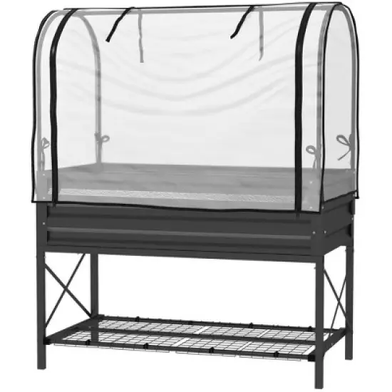 Outsunny Raised Garden Bed with Cover and Storage Shelf, Rectangular Metal Elevated Planter Box with Legs and Bed Liner image {3}