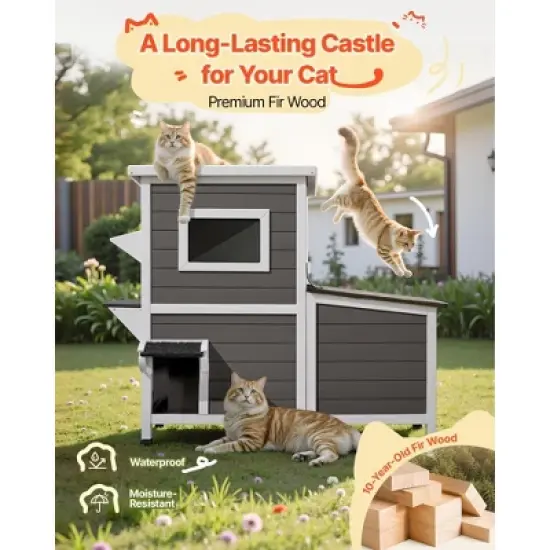 VEVOR Outdoor Cat House, 2-Story Wooden Cat Shelter for 3 Outside Cats in Winter, Elevated Feral Kitty Shelter with Stairs, White&Grey image {5}
