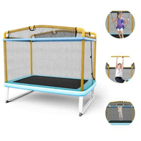 Infans 6FT Rectangle Trampoline with Swing, Mini Kids Trampoline with Net, Horizontal Bar, 2 Way Zippers, Recreational Trampoline for 3+, Blue/Yellow image {7}