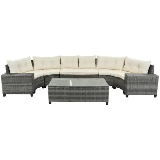 8-Piece Outdoor Patio Wicker Half-Moon Sectional Sofa Set with Rectangular Coffee Table image {5}