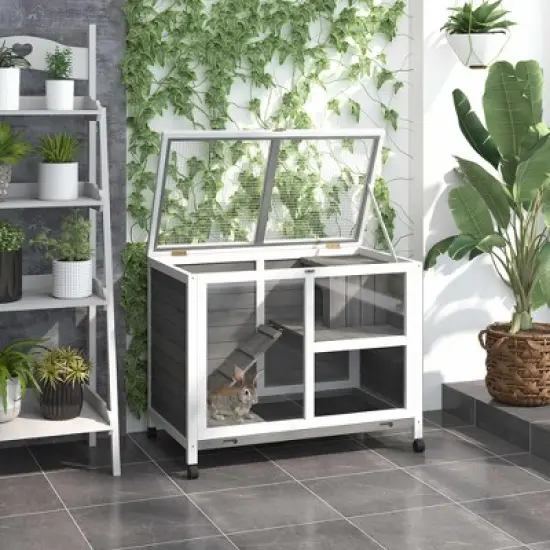 Akoasm Desk And Side Table Sized Wooden Waterproof Rabbit Hutch & Cage With Wheels Indoor-Gray image {10}