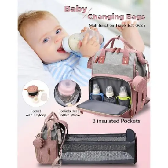 Itopfox Waterproof 3-in-1 Baby Diaper Backpack with Foldable Changing Pad, Large Capacity, USB Port, Pink-Grey image {6}