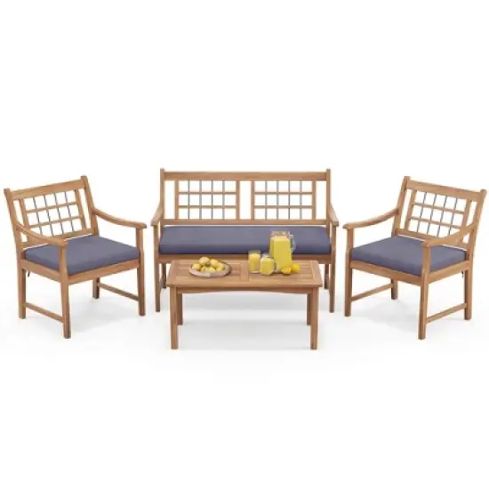 Costway 4 PCS Wood Patio Furniture Set with Soft Seat Cushions Solid Acacia Wood Frame Off White/Gray image {9}