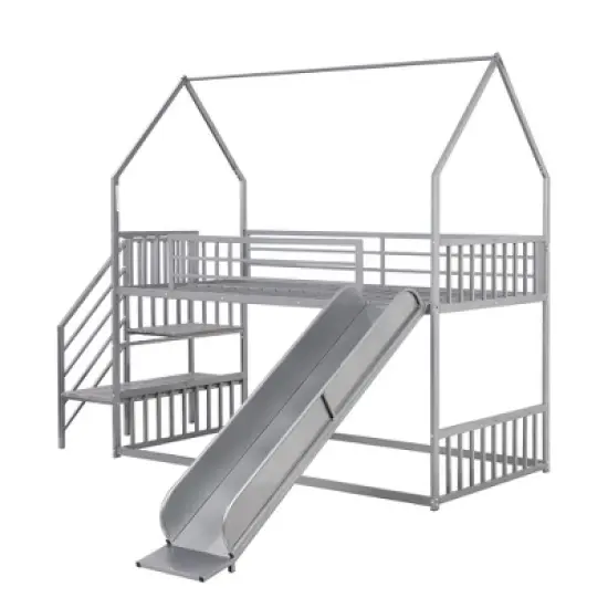 Twin over Twin Metal Bunk Bed House Bed with Slide and Staircase-ModernLuxe image {4}