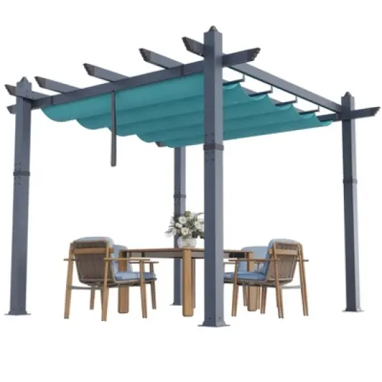 10x10 Ft Retractable Outdoor Pergola with Canopy, Upgraded Wood-Grain Aluminum Pergola, UV-Resistant Metal Shelter for Backyard, Patio, Porch image {6}