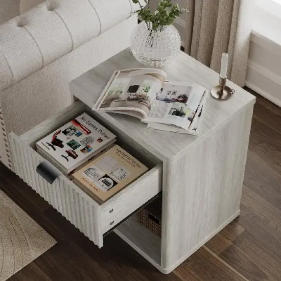 Vipbear Night Stand Scandinavian Nightstand with Fluted Drawer Storage End Table Modern Mid Century Wood Bedside Table for Bedroom Office-Gray/Brown image {1}