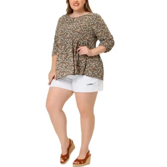 Agnes Orinda Women's Plus Size Keyhole Babydoll Lantern Floral Blouses image {1}