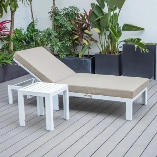 LeisureMod Chelsea Modern Outdoor Chaise Lounge Chair in White Frame with Side Table &ndash; Patio, Poolside, Balcony, and Garden Seating for Outdoor Spaces image {1}