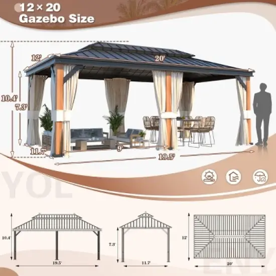 Erommy 12' X 20' Ultra-Thick Columns and Beams Hardtop Gazebo with Faux Wood Grain Aluminum Frame, Vertical Stripe Galvanized Steel Double Roof image {8}