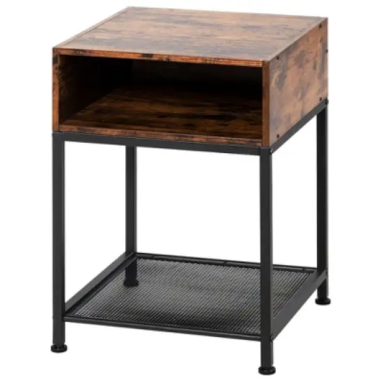 Costway Industrial Nightstand End Side Table W/ Compartment & Mesh Shelf Rustic Brown image {9}