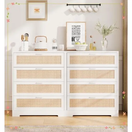 4 Drawer Dresser for Bedroom, Rattan Chest of Dressers, Modern Wood Tall Dresser with Power Outlets image {9}