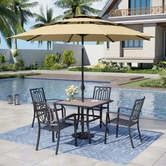 Captiva Designs 6pc Patio Square Table & Fusiform Back Metal Chairs & Beige Umbrella image {15}