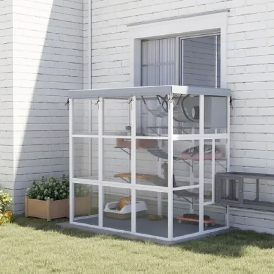 PawHut Outdoor Catio Cat Enclosure, Large Luxury Walk in Cat House with Hammock, Condo, Jump Platforms, Ladders, Ramps, Tarp, for 2-4 Cats, Gray, 71" image {1}