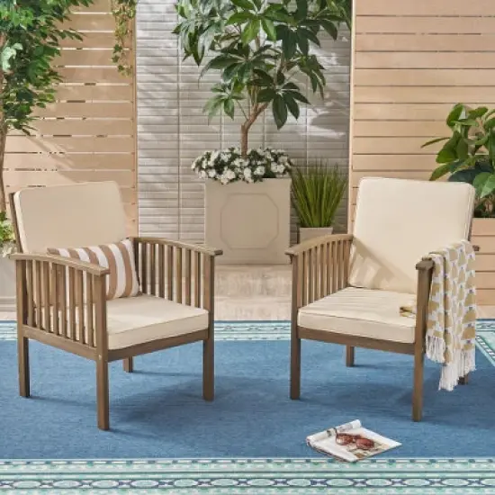 FIONECA Patio Acacia Wood Outdoor Furniture Set &uml;C 2 Club Chairs with Cream Cushions & Foldable End Table, Garden Patio Deck (Grey Finish) image {2}