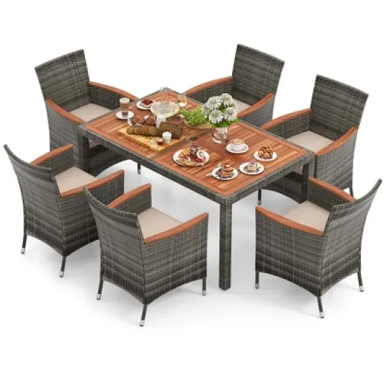 Costway 7 Pieces Outdoor Wicker Dining Set with Acacia Wood Table and 6 Armchairs image {1}