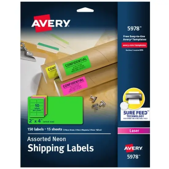Avery Neon Shipping Labels with Sure Feed for Laser Printers, 2"x4", Assorted Colors, 150 Labels (5978) image {7}