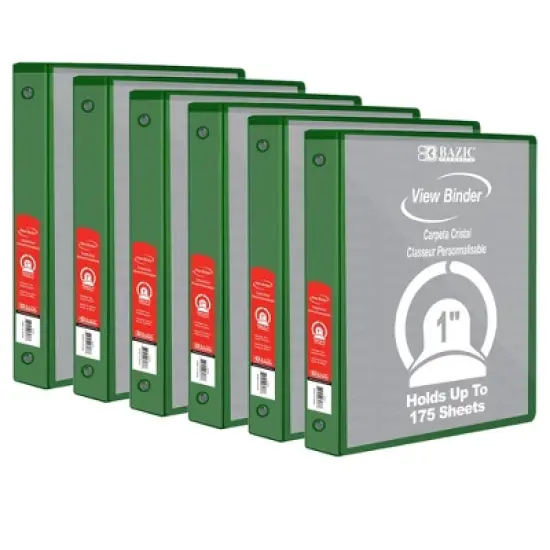 BAZIC Products 3-Ring View Binder with 2 Pockets, 1", Green, Pack of 6 image {7}