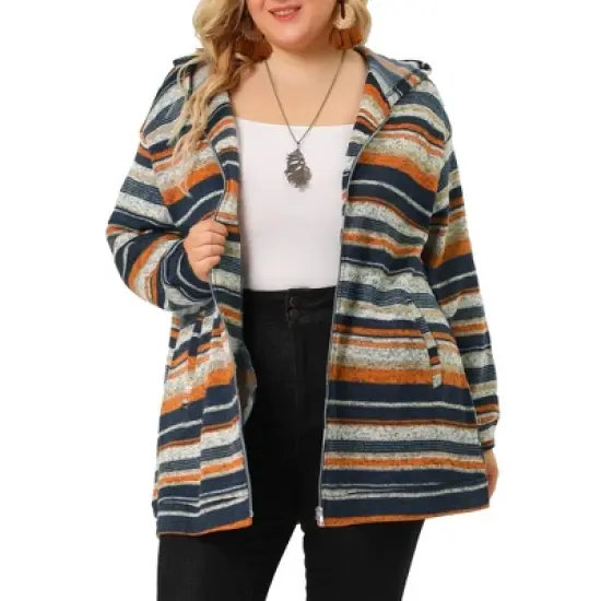 Agnes Orinda Women's Plus Size Zip Up Knit Stripe Printed Long Sleeve Boho Bohemian Hoodies Jackets image {7}
