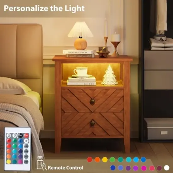 GustoWave Night Stand with 2 Storage Drawers and Stable Wooden Legs, Farmhouse Nightstand w/V-Shaped Design, Wooden End Table(Brown, 2 Piece) image {5}