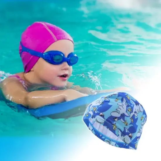 Unique Bargains Polyester Shark Pattern Swim Cap 5.91"x8.27" Sky Blue 1 Pc image {1}