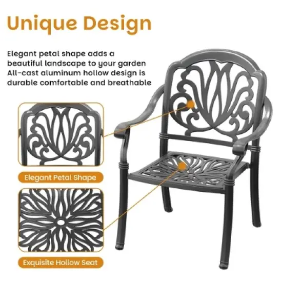 7-Piece Cast Aluminum Outdoor Dining Set with Brown Cushions, Rectangle Table & Stackable Chairs - for Patio, Backyard image {4}