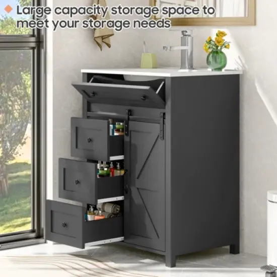 Bathroom Vanity, Vintage Vanity Cabinet with Ceramic Sink, Faucet & Drain image {2}