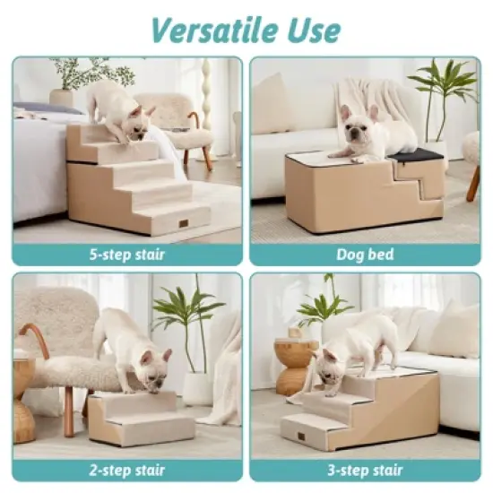 5-Tier Widened Support Pet Stairs, Non-Slip Foldable Dog Steps for Bed & Couch with Removable Cover image {7}