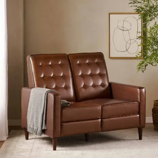 Christopher Knight Home Denison Faux Leather Tufted Loveseat Pushback Recliner Cognac Brown/Dark Espresso image {1}