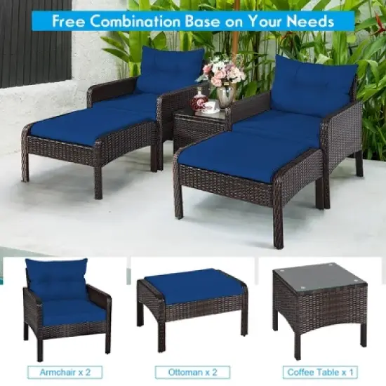 Costway 5 PCS Patio Rattan Wicker Furniture Set Sofa Ottoman Coffee Table Cushioned image {4}
