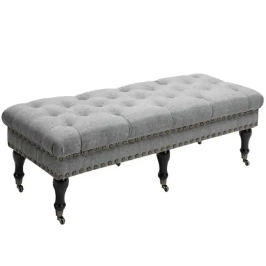 HOMCOM Mobile Upholstered Bench Rolling Button-Tufted Fabric Accent Ottoman with Nailhead Trim & Wheels image {6}