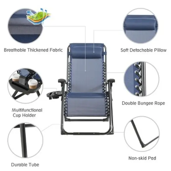 Tangkula Oversized Zero Gravity Lounge Chair Folding Recliner w/ Cup Holder & Pillow, Navy Blue image {8}