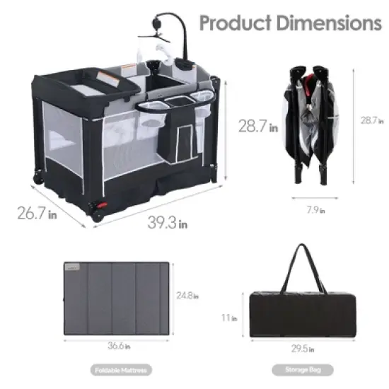 Kinder King 4-in-1 Portable Nursery Center and Bedside Crib with Bassinet, Changing Table, Storage Basket, Side Zipper & Travel Bag image {7}