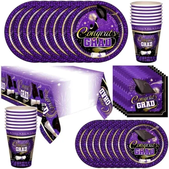 Treasures Gifted Purple Graduation Party Tableware Deluxe Set for 24 Guests image {1}