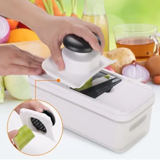 Cheer Collection Vegetable Slicer with 5 Stainless Steel Blades and Storage Container with Lid, Black and White image {4}