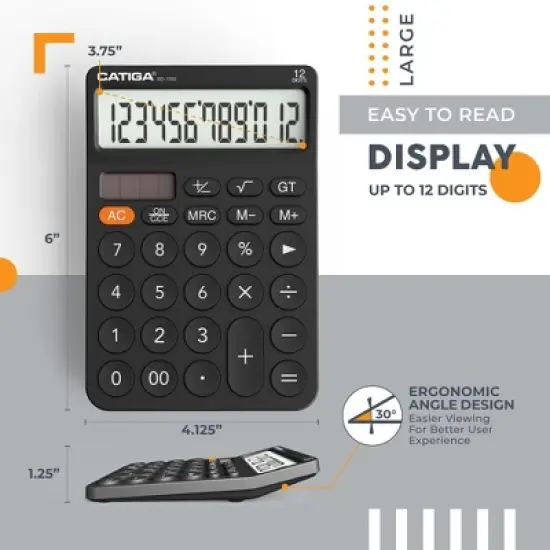 CATIGA 12-Digit Desktop Calculator, Large LCD, Big Buttons, Solar & Battery Dual Power, Standard Functions for Office, Home, School - SD-1292 image {2}
