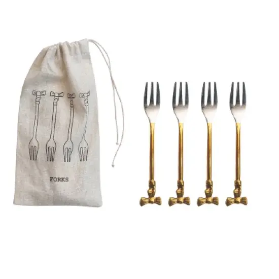 Storied Home 4-Piece Appetizer Forks with Gold Finish Bow Handles, Stainless Steel and Brass image {2}