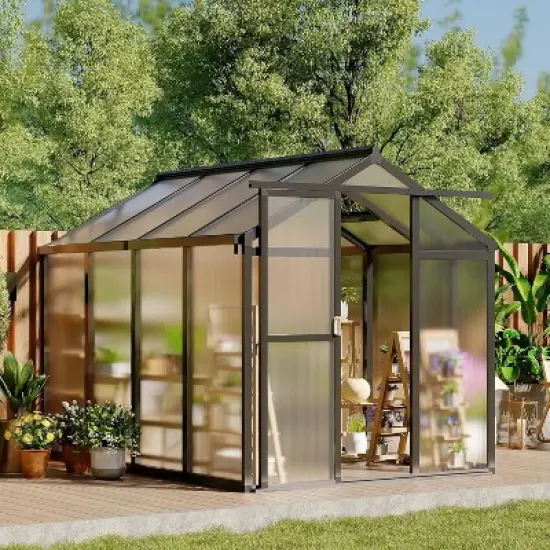 6x8x6.5 FT Greenhouses for Outdoors, Aluminum Green House with Polycarbonate Roof, Sliding Door, Adjustable Vent for Garden, Backyard, Patio, Black image {7}