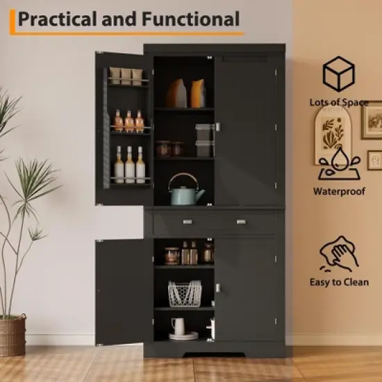 72in Tall Kitchen Pantry Cabinet, Farmhouse Large Cupboard Storage Cabinet with Adjustable Shelves 6 Door Racks for Living Dining Room Laundry image {4}