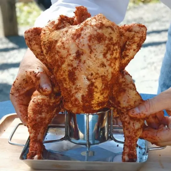 Steven Raichlen Vertical Brew Can Chicken Roaster Rack, Stainless Steel, Includes Rack, Canister, Drip Pan (7.3" x 5.5"), Dishwasher Safe image {2}