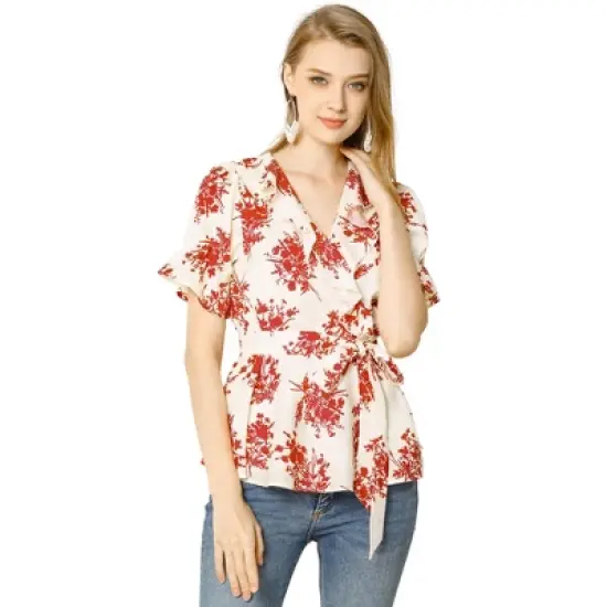 Allegra K Women's Floral V Neck Tie Waist Short Sleeve Belted Ruffle Wrap Top image {6}