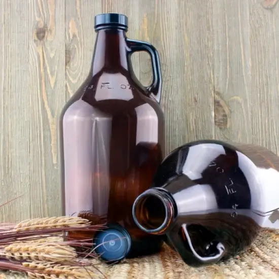 Cornucopia Brands-64oz Glass Growler Jugs Amber with Black Phenolic Lids 2pk image {1}