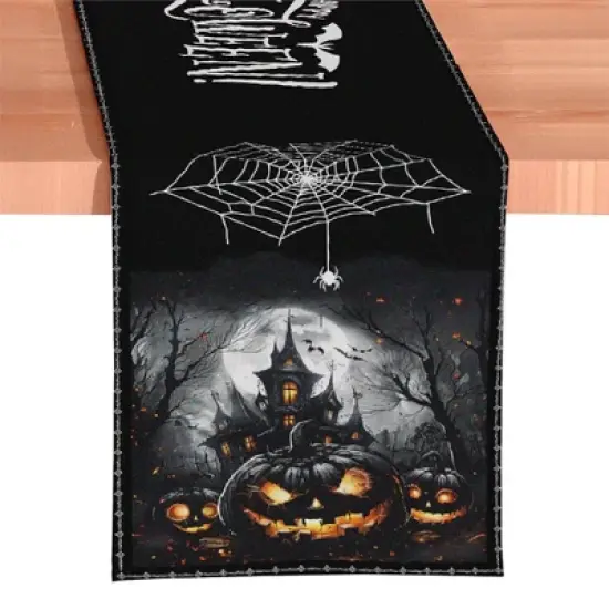 Haunted Horrors 72" Table Runner, Jacquard Halloween Home Black Tablecloth Decoration with Pumpkins and Spiderwebs| OrnamentallyYou image {3}