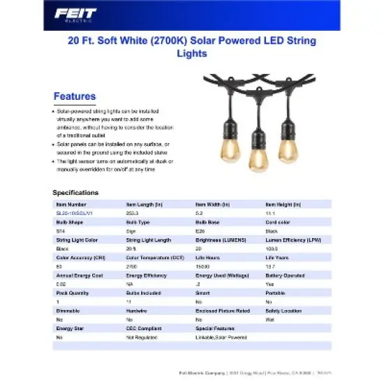 Feit Electric LED Solar String Light Set Clear 20 ft. 11 lights image {2}