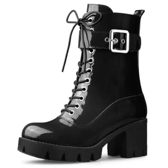 Allegra K Women's Zip Platform Chunky Heel Combat Boots image {6}