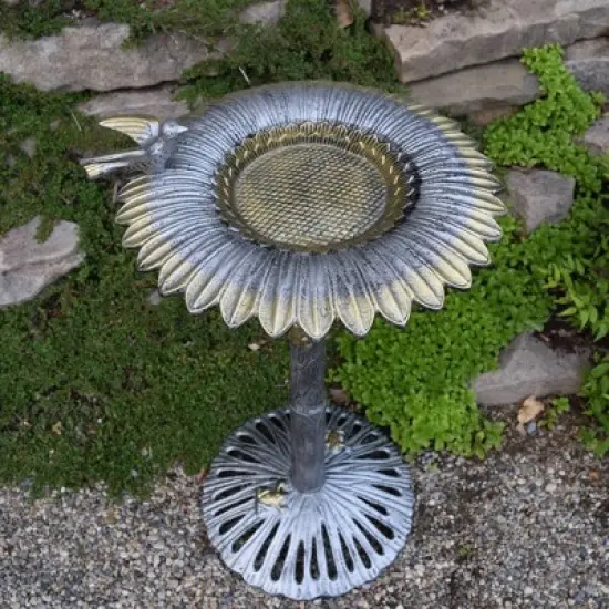 34" Metal Sunflower BirdBath - Antique Pewter - Oakland Living: Freestanding, Weather-Resistant image {5}