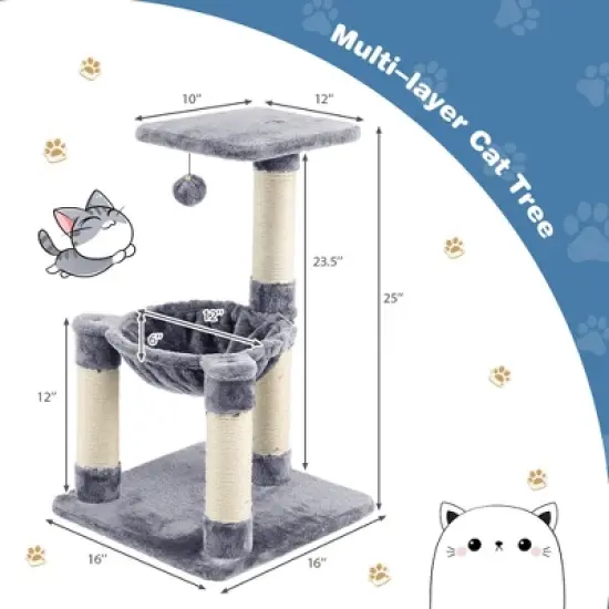 Tangkula Cat Tree Multi-Level Cat Tower w/ Scratching Posts & Cat Hammock Grey image {8}