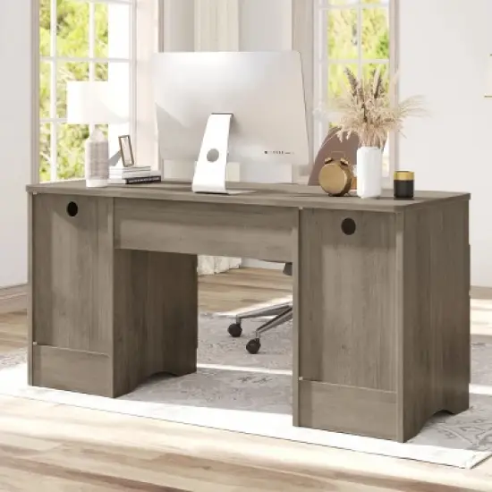 Bestier 59''Executive Office Desk with File&Storage  Drawers，Computer Desk with Keyboard Tray, Office Desks with Cable Management&2 Open Compartments image {5}